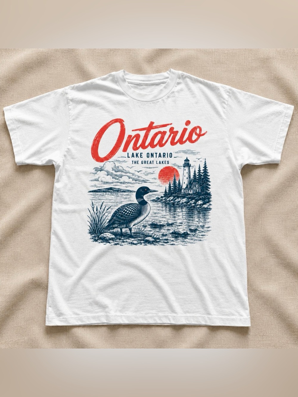 Lake Ontario Great Lakes Loon Lighthouse Graphic T-Shirt, Vintage Wildlife Tee